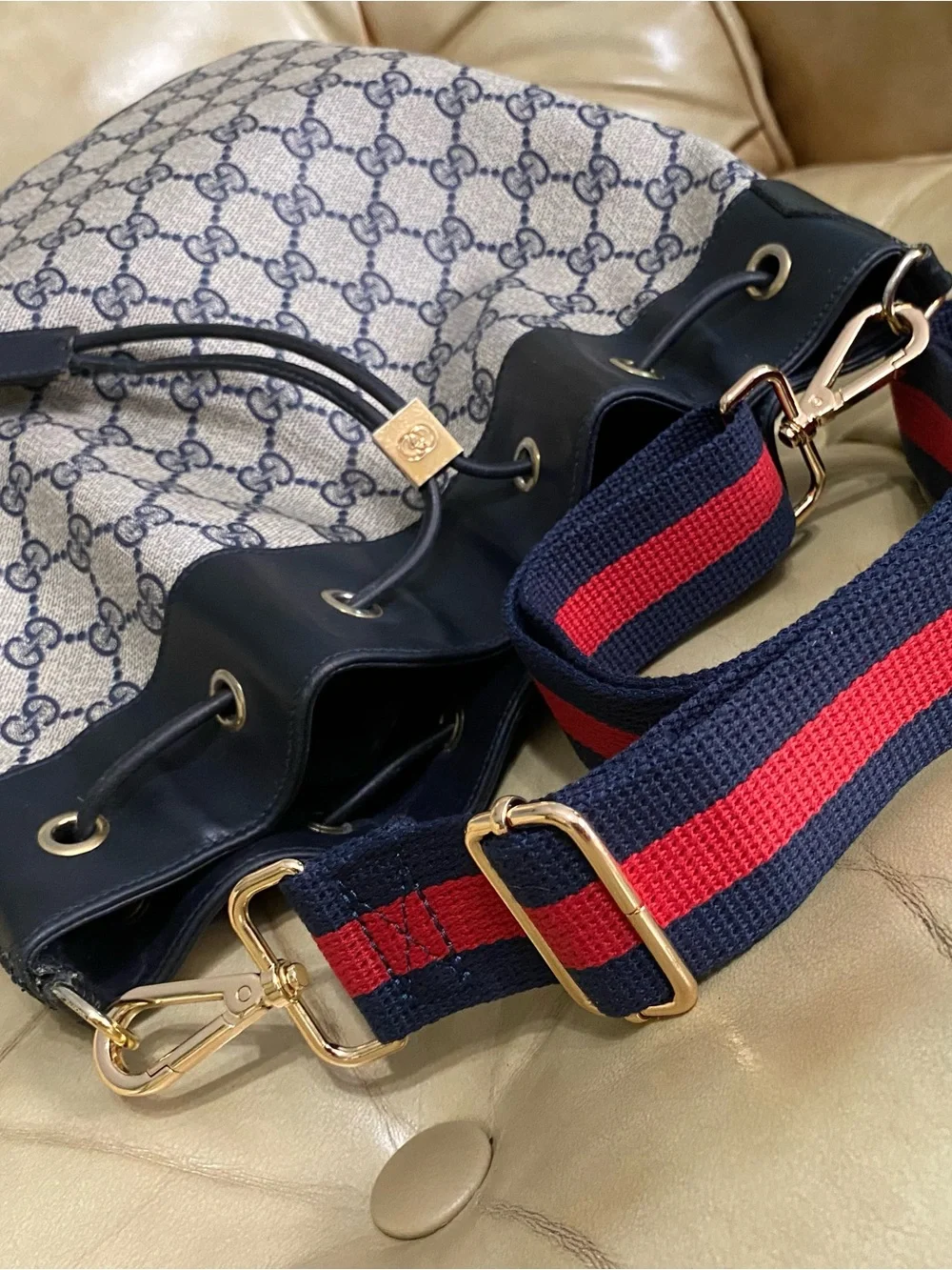 LARGE Gucci Drawstring Bucket Bag Vintage Sherry GG Monogram Web Stripe Added